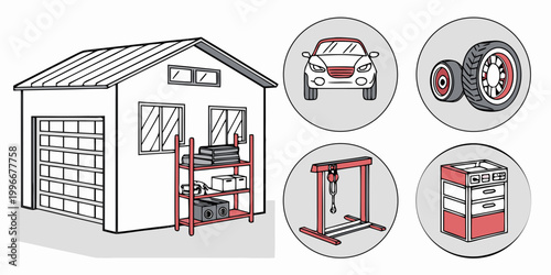 Garage and automotive workshop icons featuring car storage and maintenance equipment workshop automotive maintenance illustration building shelving mechanic technical equipment facility