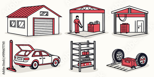 Collection of garage workshop and automotive maintenance service icons with workshop maintenance mechanic automotive shelving equipment illustration building facility technical workplace
