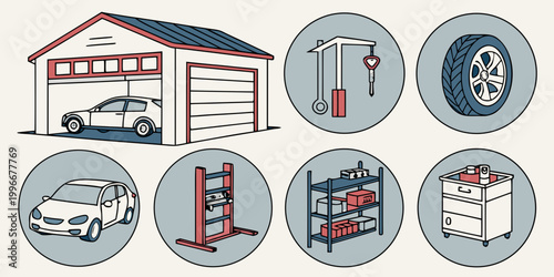 Set of car garage and auto repair service icons illustrating car maintenance and equipment with garage interior spare parts automotive maintenance workshop mechanic shelving equipment toolshed
