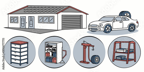 Garage building and car workshop equipment icons set for automotive services with building workshop automotive maintenance equipment illustration facility shelving technical workplace