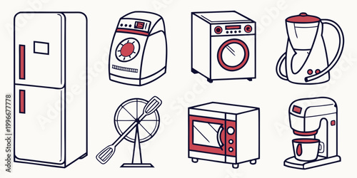 Collection of household kitchen appliances and home electronics icons set with washing machine coffee maker appliance icon white goods appliance refrigerator microwave electronics household