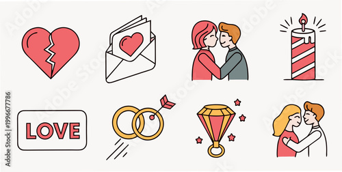 Set of romantic relationship and love icons featuring hearts and couples broken heart romantic marriage relationship valentine envelope celebration anniversary engagement proposal affection