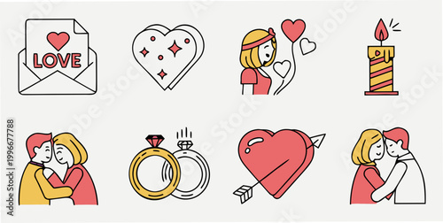 Set of cute love and romantic relationship vector icons for valentines day with valentines relationship marriage affection illustration loveletter engagement anniversary celebration lovebirds