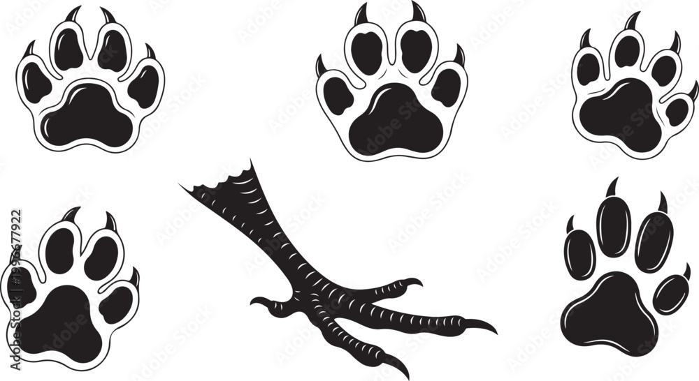 Fototapeta premium A collection of various black animal footprints, including canine or feline paw prints and three-toed bird tracks, perfect for nature and wildlife themes.