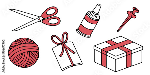Creative craft supply set with scissors glue yarn and gift box scissors supplies stationery packaging handmade creative workshop materials illustration activity decoration knitting