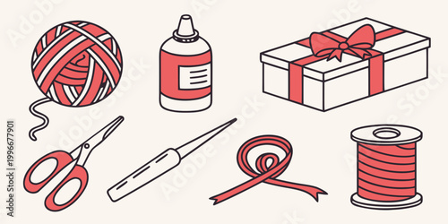 Sewing and gift wrapping craft materials icons set with scissors supplies handmade creative materials packaging stationery illustration activity decoration knitting adhesive elements