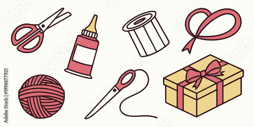 Diy craft activity kit icons with sewing and wrapping tools scissors supplies handmade creative materials packaging stationery illustration activity decoration knitting adhesive elements