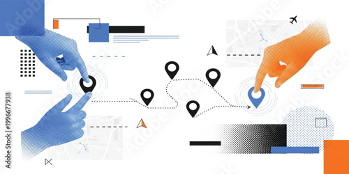 Abstract GPS Route Concept with Hands Touching Location Pins Map Navigation Tracking Path and Modern Geolocation Technology Design