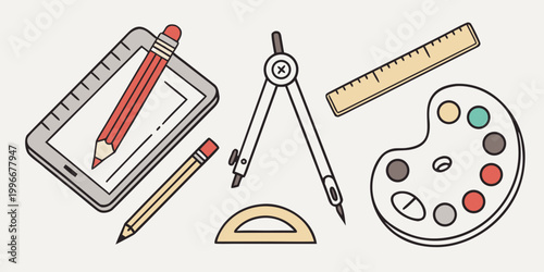 Graphic design illustration with drafting and drawing tools drafting supplies protractor creative stationery sketching illustration workspace equipment architect engineer education