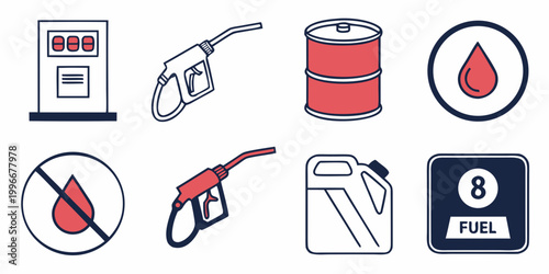 Fuel and gasoline station icons set with gasoline industry forbidden container background transport refueling automotive canister petroleum oilfield resource commercial industrial