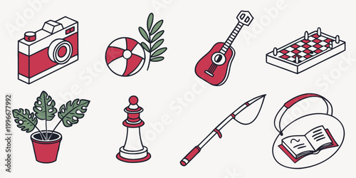 Set of various leisure and hobby icons including camera guitar and plants with recreation collection illustration lifestyle strategy creative equipment activity vacation entertainment