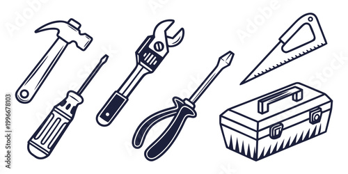 Monochrome illustration of essential construction tools and metal storage box with monochrome construction screwdriver handtools workshop equipment hardware industrial professional renovation