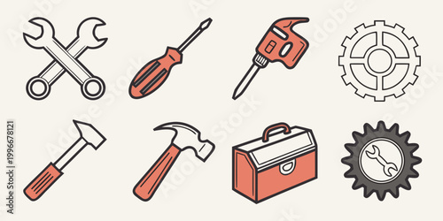 Hand tools and construction equipment collection icon set with screwdriver jackhammer maintenance construction industry equipment handtools mechanical workshop hardware professional