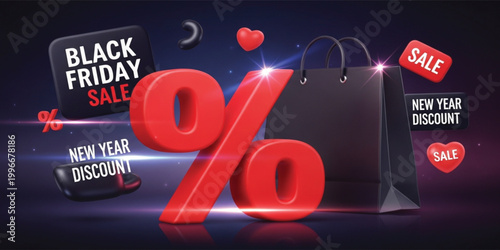 Black Friday Sale Concept with Percent Symbol Shopping Bag New Year Discount Tags and Promotional Retail Vector Design