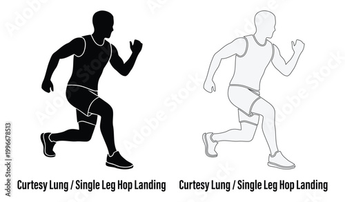 Man Black Silhouette and Outline Set Performing Curtesy Lunge and Single Leg Hop Landing for Lower Body Strength and Athletic Balance exercise