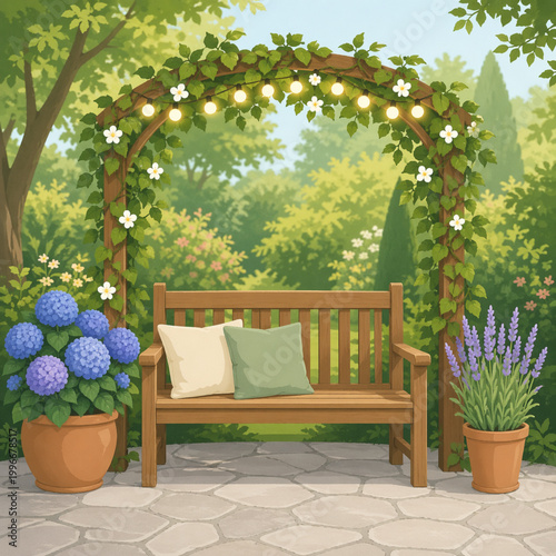Peaceful Garden Bench Under Arbor with String Lights and Flowers