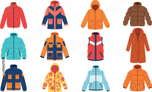 Winter jacket vector collection featuring coats hoodies and outerwear in various styles isolated on light background for fashion design