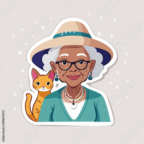 Elderly Woman with Cat Wearing a Sun Hat