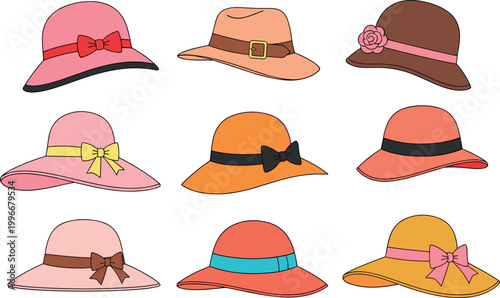 Women hat vector set featuring elegant summer hats with ribbons and bows isolated on light background for fashion and accessory design