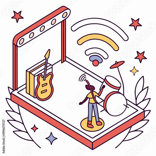 Musician with guitar and drum kit on stage.