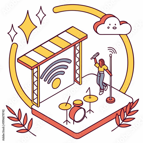 Singer with microphone on stage broadcasting signal.