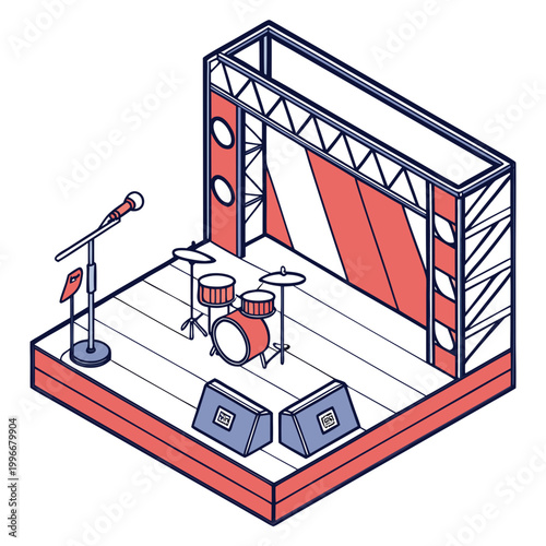 Concert stage with drum kit, microphones and speakers.