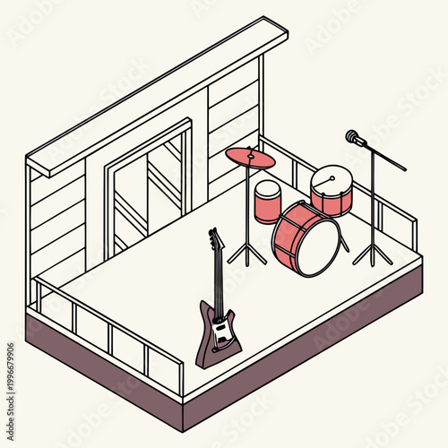 Stage with guitar, drum set and microphone.