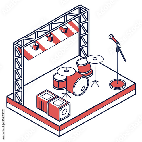 Concert stage isometric view with musical instruments.