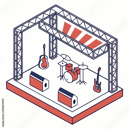 Stage setup with drum kit and guitars illustration.