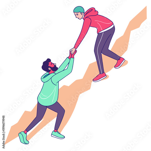 Man helping woman climb mountain by holding her hand.