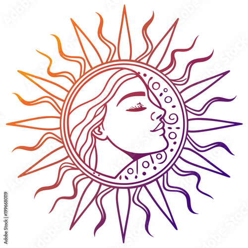 Celestial sun face with flowing hair design.