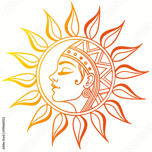 Sun and moon face emblem in tribal style.
