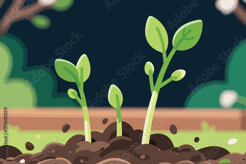 Three green seedlings sprouting from dark soil with blurred garden background of bushes and branches.