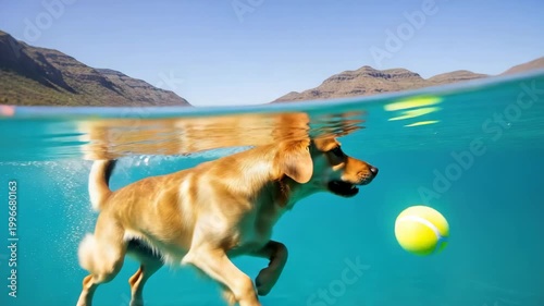 Dog Swimming Underwater In The Ocean Chasing Tennis Ball Clear Water Blue Sky With Mountains In Background Use Advertising Pet Adventure