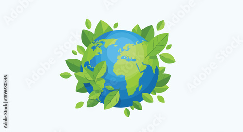 Fotografía A blue and green globe surrounded by leaves on a white background
