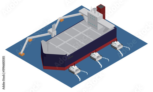 アイソメトリックな原油輸送船をシーバースへ移動させるタグボートのイメージイラスト