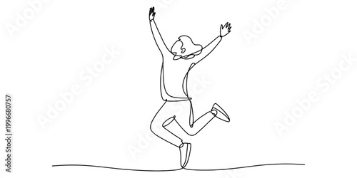 Happy person jumping for joy drawn as a continuous single line art sketch Vector, illustration