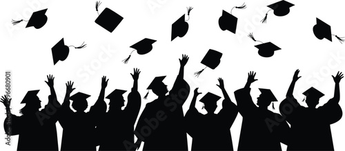 Black silhouettes of graduates throwing caps in the air