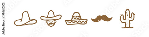 Brown hand-drawn icons: hats, mustache, cactus, mexican theme