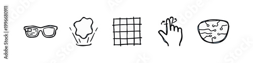 Black and white tech icons: glasses, cloud, grid, gesture, circuit