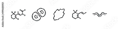 Hand-drawn chemical structure icons: molecules, kidney, shape, wave