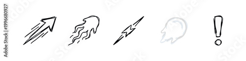 Hand-drawn icons: arrow, jellyfish, lightning, ghost, exclamation