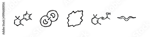 Hand-drawn chemical structure icons: molecules, chain, shape, snake