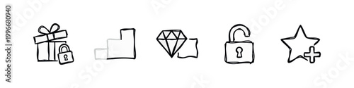 Hand-drawn icons: gift box, stairs, diamond, lock, star