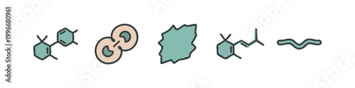 Colored chemical structure icons: molecules, chain, shape, snake