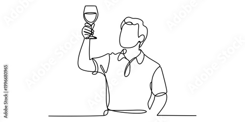 фотографія Continuous single line drawing of a man holding up a glass of wine for tasting V