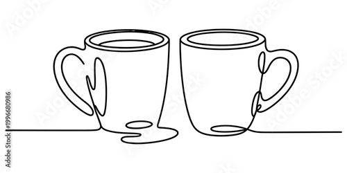 Two coffee mugs drawn in a continuous single line style for a simple minimalist design Vector, illustration