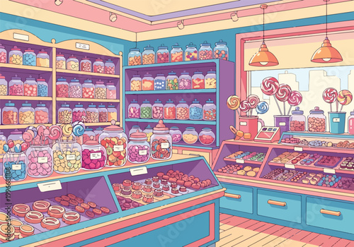 Foto Colorful candy store interior with shelves and counters