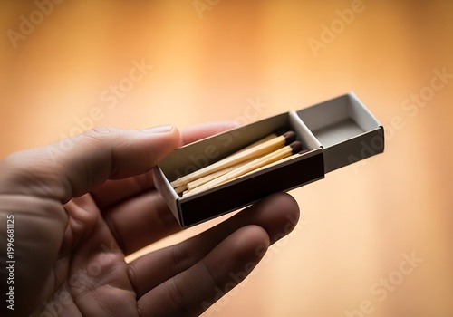 Person holding an open matchbox with wooden matches against a blurred background