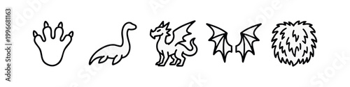 Minimalist Line Art Monster Icons Set - Fantasy Creature Symbols Including Dragon and Sea Serpent